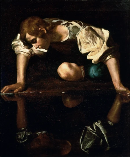 Narcissus (1597–99) by Caravaggio; the man in love with his own reflection